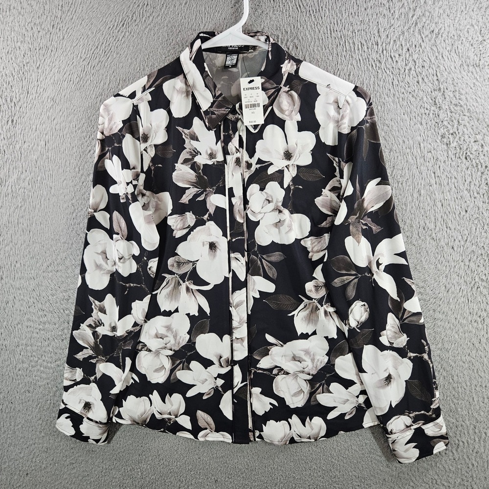 Express Portofino Conscious Edit Floral Button Down Shirt Black White XS NWT